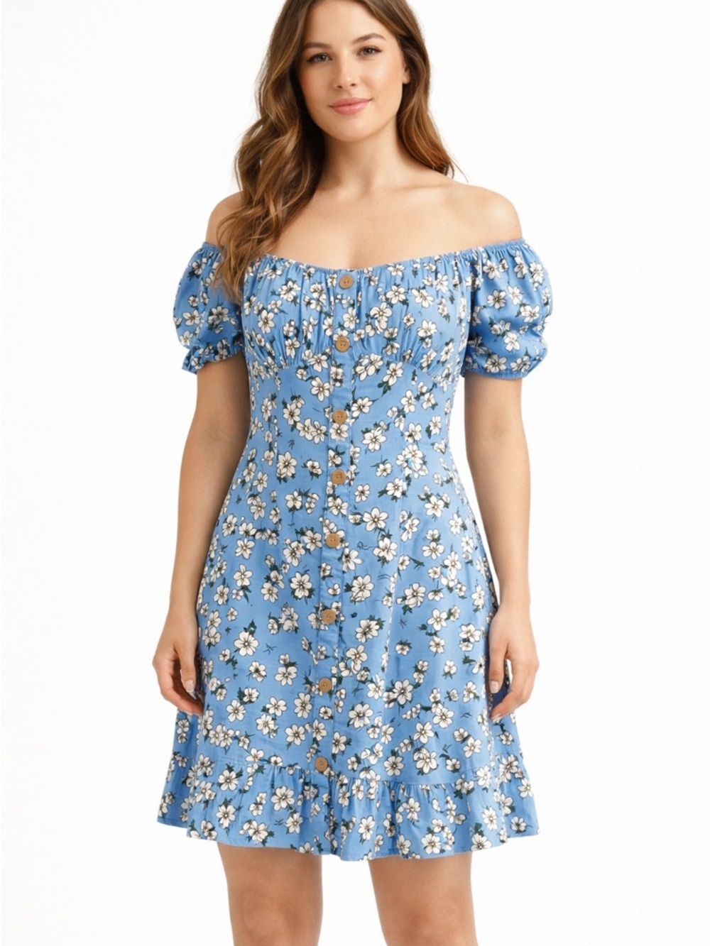 Ardene Light Blue Floral Button-Front Dress Size Small of the Shoulder
